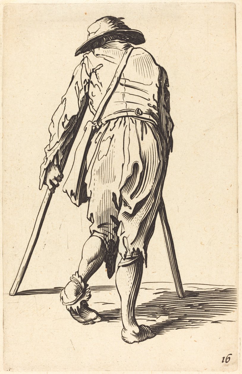 Żebrak z kulami i kapeluszem, widok z tyłu autorstwa After Jacques Callot