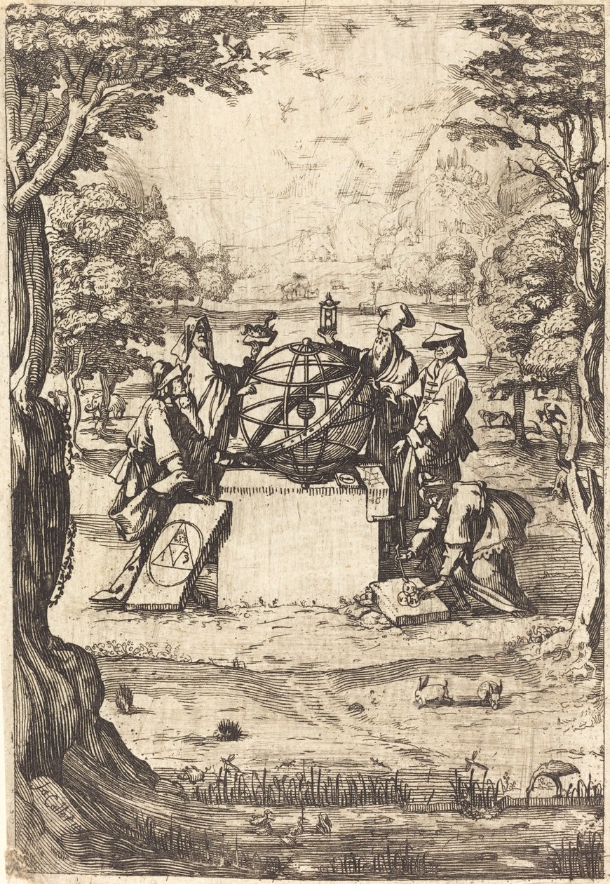 Frontyspis do Sacred Cosmologia (Tytuł z astrologami) autorstwa After Jacques Callot