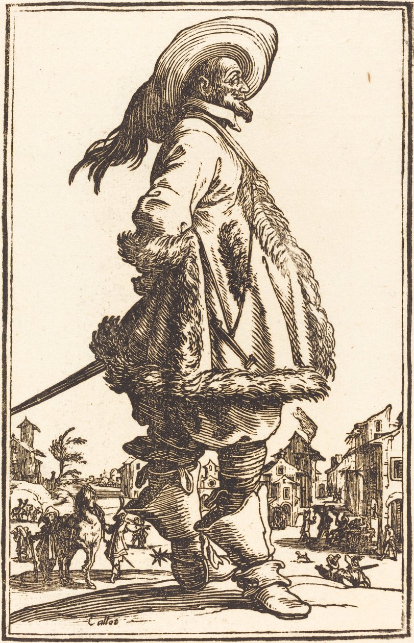 Szlachcic z płaszczem obszytym futrem, trzymający ręce za plecami autorstwa After Jacques Callot