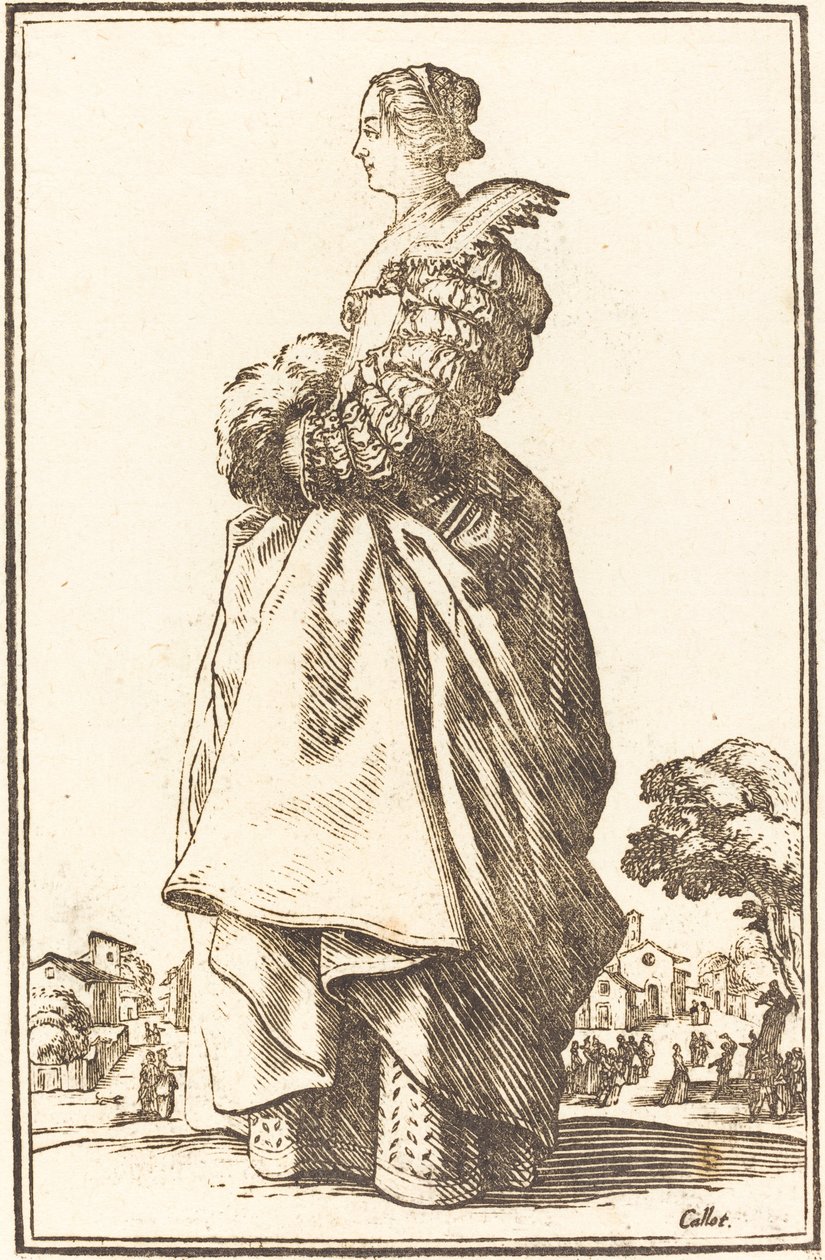 Szlachetna kobieta w profilu z rękami w mufce autorstwa After Jacques Callot
