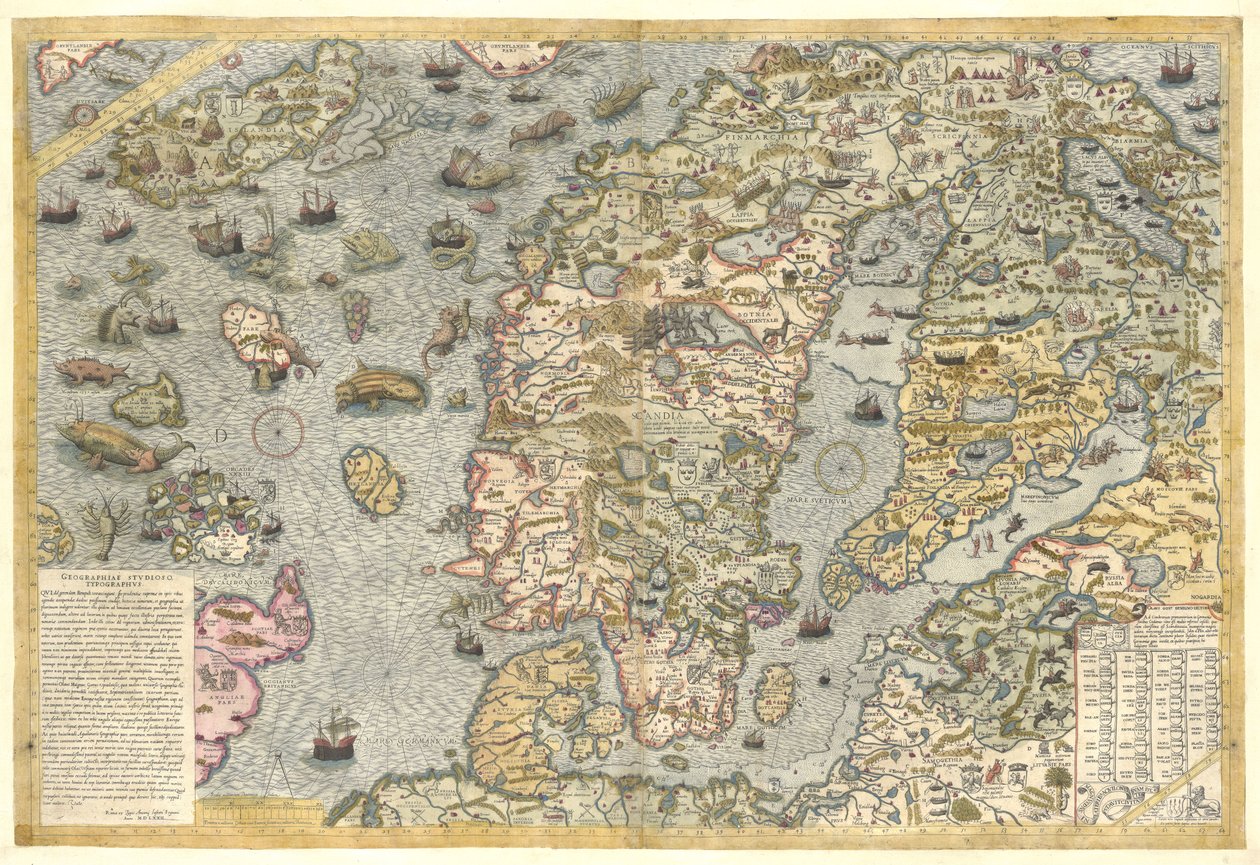 Wierna reprodukcja mariny Carta (mapa ścienna Skandynawii autorstwa Olausa Magnusa opublikowana w 1539 roku) autorstwa After Olaus Magnus