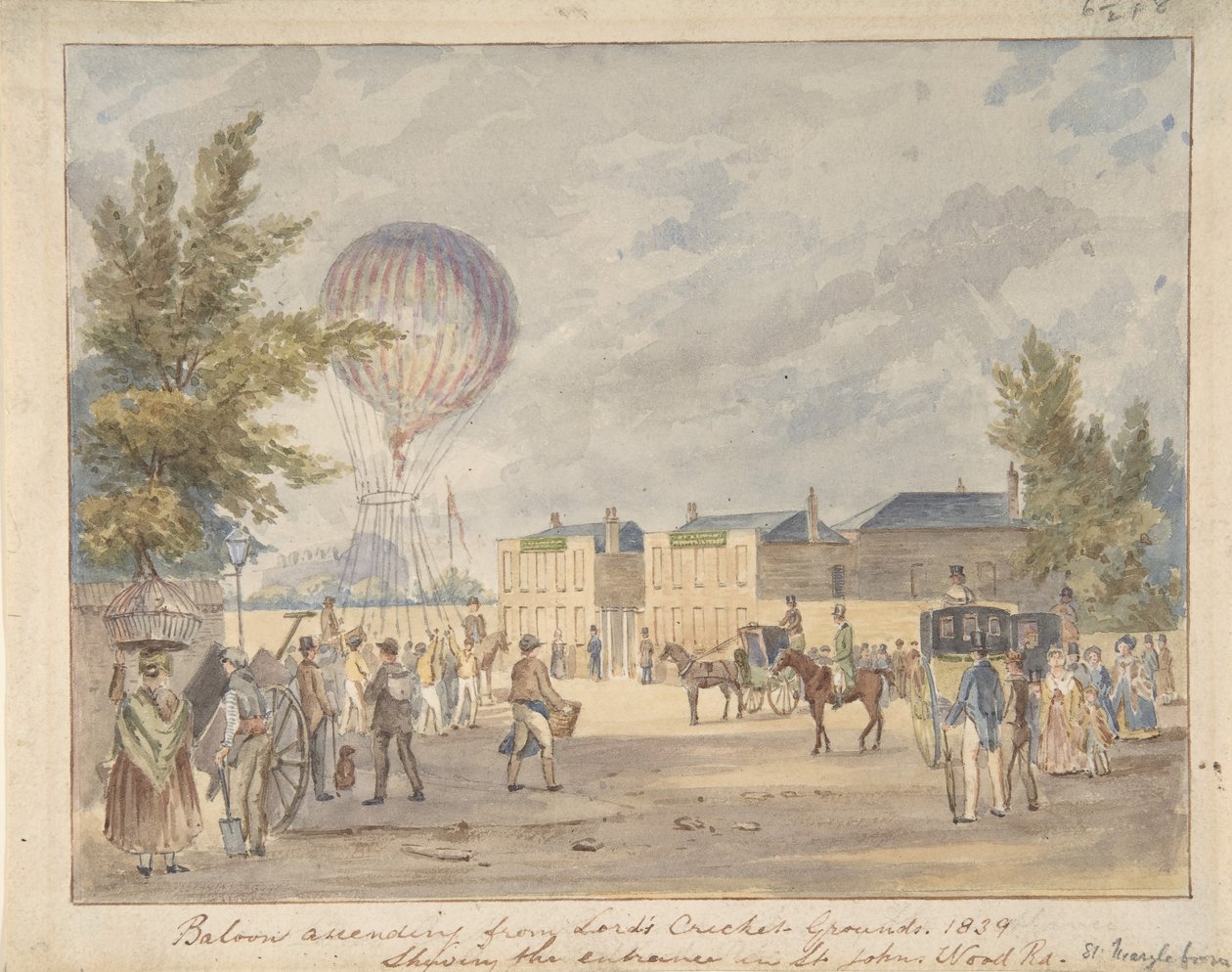 Balon wznoszący się w pobliżu wejścia na boisko do krykieta Pana, 1839, ca. 1839. autorstwa After Robert Bremmel Schnebbelie.