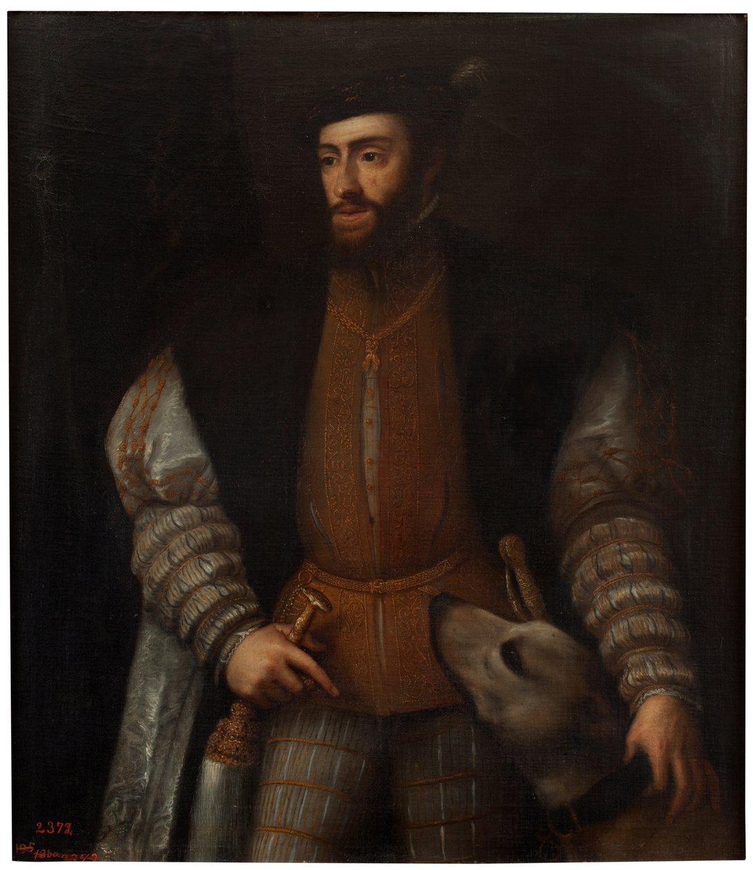 Hiszpański:  El emperador Carlos V con un perro Cesarz Karol V z psem autorstwa after Titian