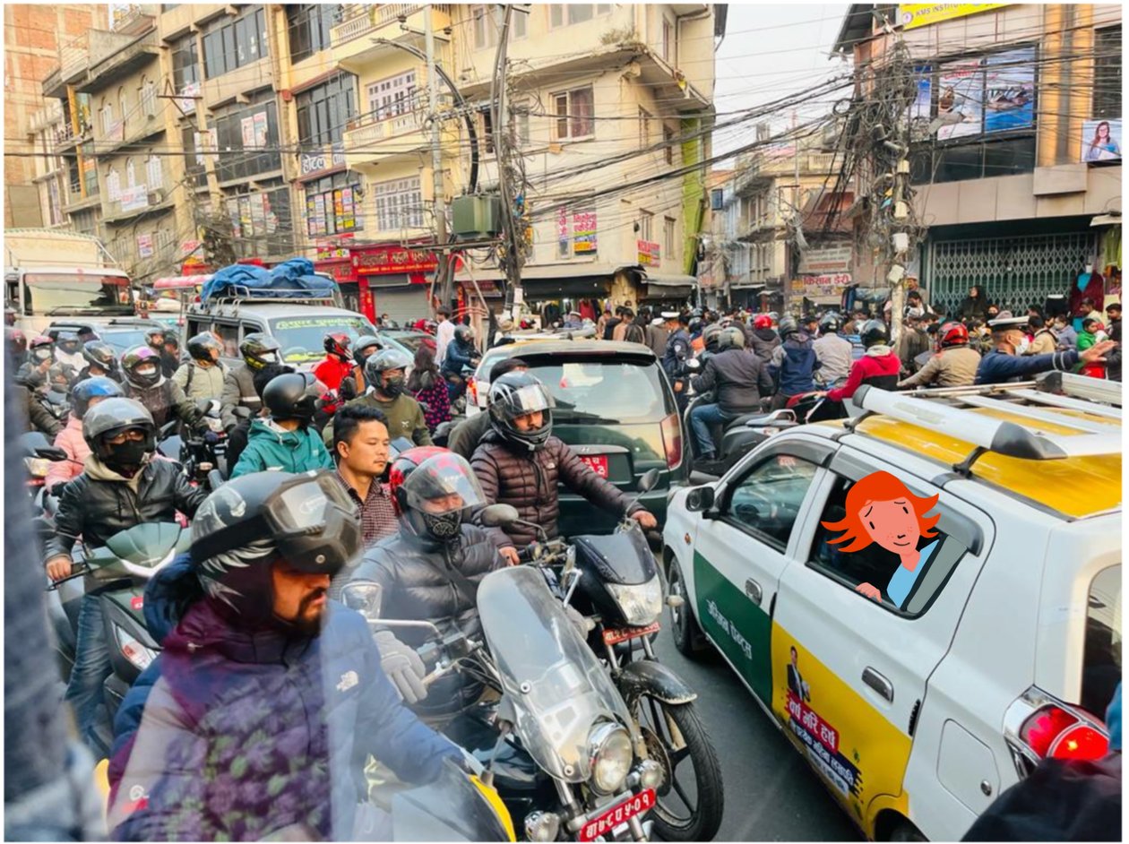 Ruch uliczny w Katmandu, 2023 (sztuka cyfrowa na fotografii) autorstwa Agnes Girardon