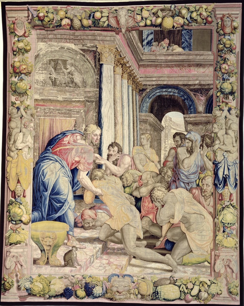 Józef pozwala się rozpoznać swoim braciom, z Sala dei Dugento, 1546-53 (gobelin) autorstwa Agnolo and Karcher, Nicholas Bronzino