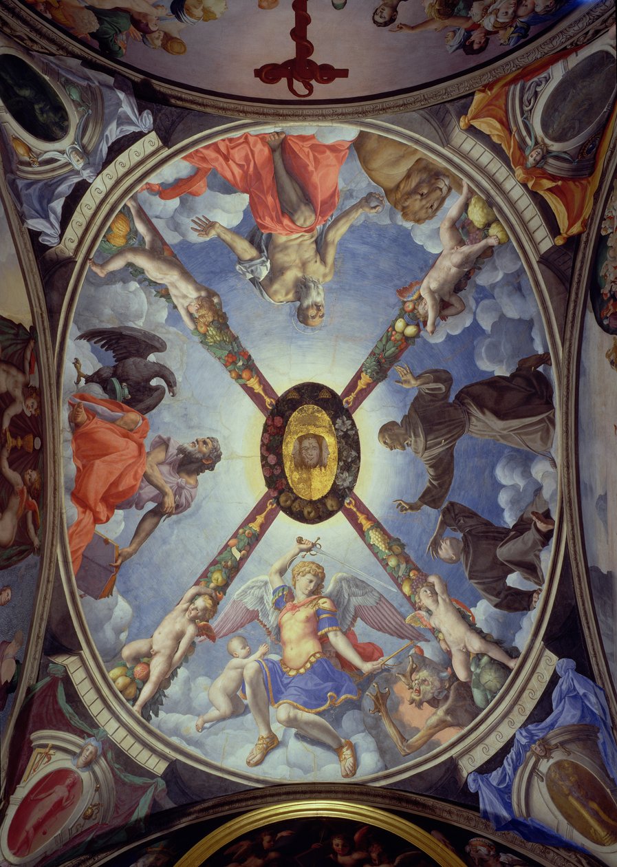 Sufit kaplicy Eleonory z Toledo przedstawiający św. Michała Archanioła zwyciężającego szatana, św. Jana Ewangelistę, św. Jerzego i św. Franciszka otrzymującego stygmaty, 1555 r. autorstwa Agnolo Bronzino