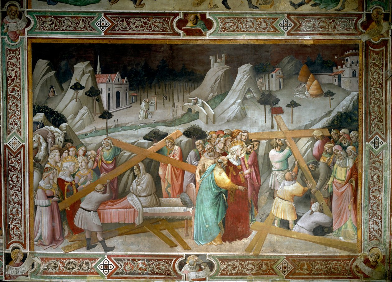 Legenda o prawdziwym krzyżu: „Święta Helena (248-328), matka cesarza rzymskiego Konstantyna I (272-337) odkrywa w Palestynie Święty Krzyż” Fresk Agnolo Gaddiego (ok. 1350-1396). XIV-wieczny kościół Santa Croce we Florencji. autorstwa Agnolo Gaddi