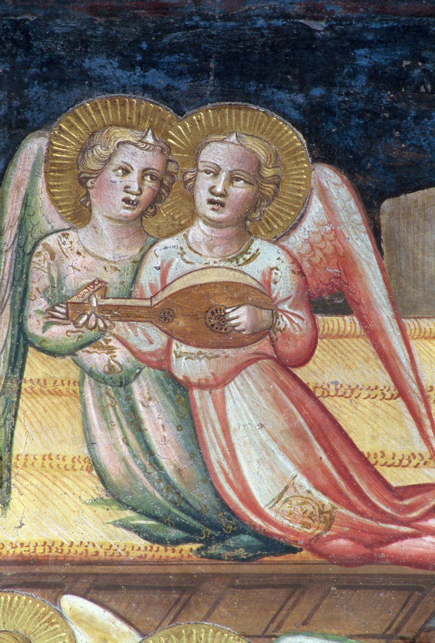 Dwa Anioły Muzyczne, fragment z Życia Marii i Świętego Pasa, z Kaplicy Świętego Pasa, 1392-95 autorstwa Agnolo Gaddi