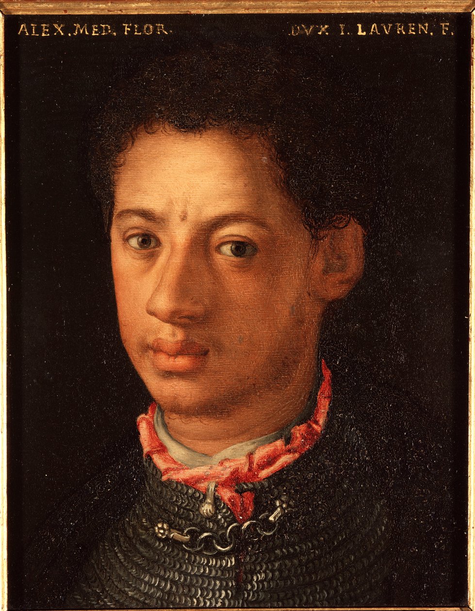 Portret Alessandro de Medici (Aleksander Medyceuszy zwany Maurem) (1510-1572) Książę Florencji Obraz Allori Angelo di Cosimo dit Bronzino (1503-1572) XVI w. Słońce 15x12 cm Pałac Medici-Riccardi (Medici Riccardi) Florencja autorstwa Agnolo Bronzino