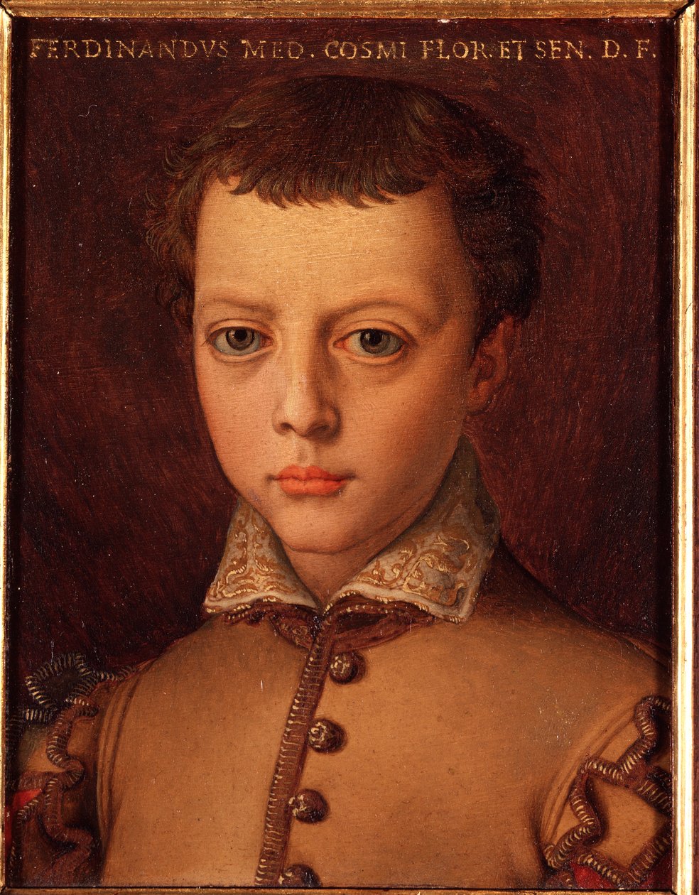 Portret Ferdynanda I Medyceusza (Ferdynand I de Medici) (1549-1609) młody chłopiec Obraz Allori Angelo di Cosimo dit Bronzino (1503-1572) XVI wiek Słońce 15x12 cm Pałac Medici-Riccardi (Medici Riccardi) Florencja autorstwa Agnolo Bronzino