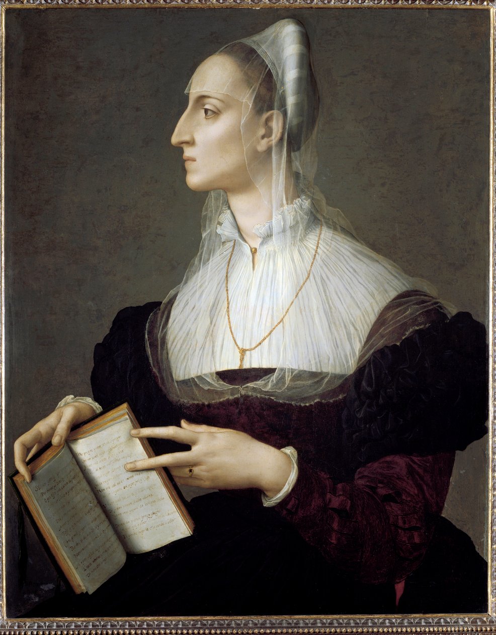 Portret włoskiej poetki Laury Battiferri czytającej sonety Petrarki (olej na panelu) autorstwa Agnolo Bronzino