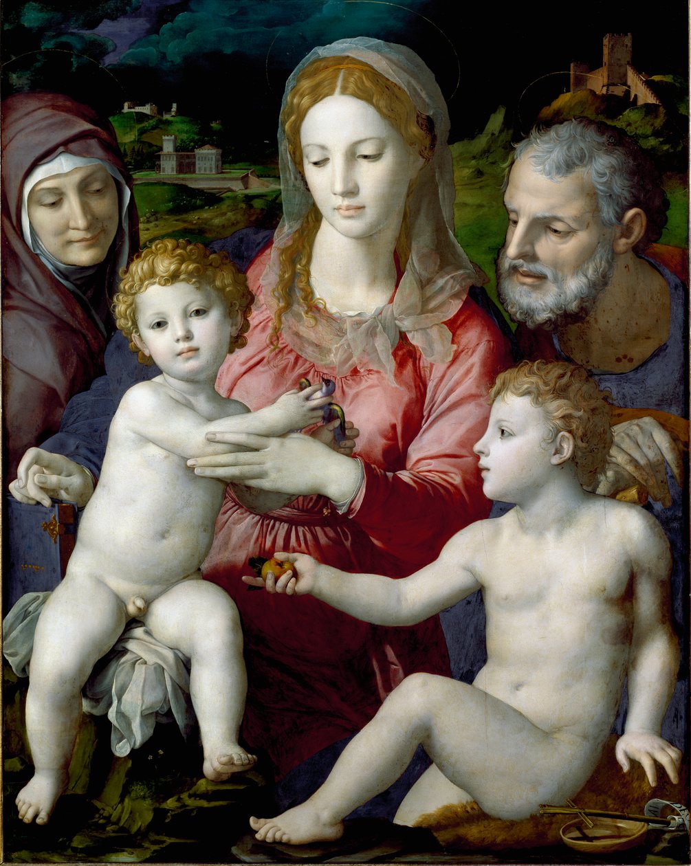 Święta Rodzina ze św. Anną i św. Janem Dzieciątkiem Obraz Agnolo di Cosimo dit Bronzino (1503-1572) 1550 nd. 124,5x99,5 cm Kunsthistorisches Museum Wiedeń autorstwa Agnolo Bronzino