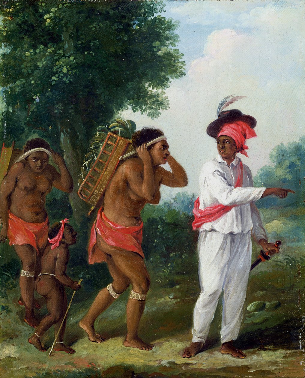 Kolorowy mężczyzna z Indii Zachodnich, kierujący dwiema kobietami Carib z dzieckiem, ok. 1780 r. autorstwa Agostino Brunias