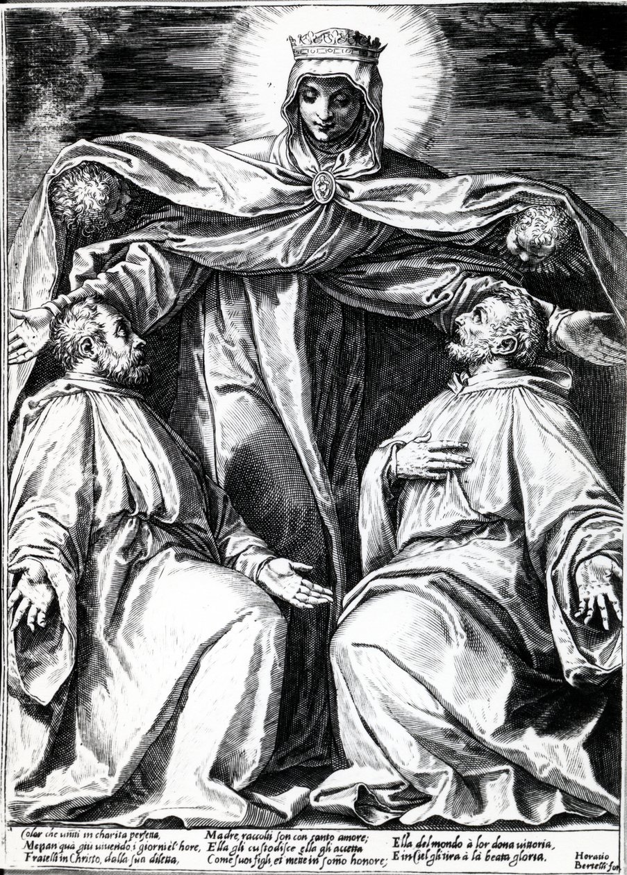 Madonna ochraniająca dwóch członków konfraterni, grafika Horatio Bertelli, 1582 (rycina) autorstwa Agostino Carracci
