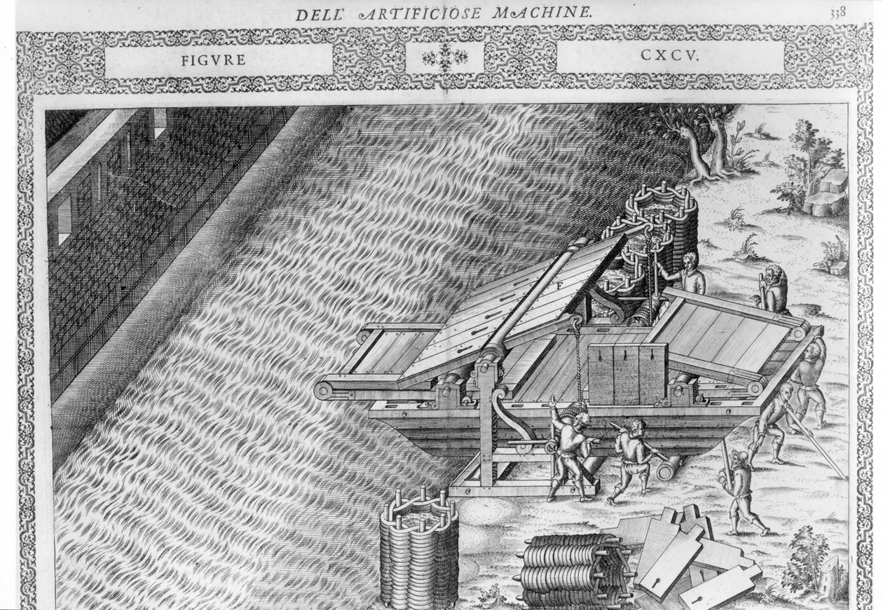 Most w kształcie łodzi, ilustracja z "Diverse Imaginary Machines" Agostino Ramelli, wydanej w Paryżu w 1588 r. (miedzioryt) autorstwa Agostino Ramelli