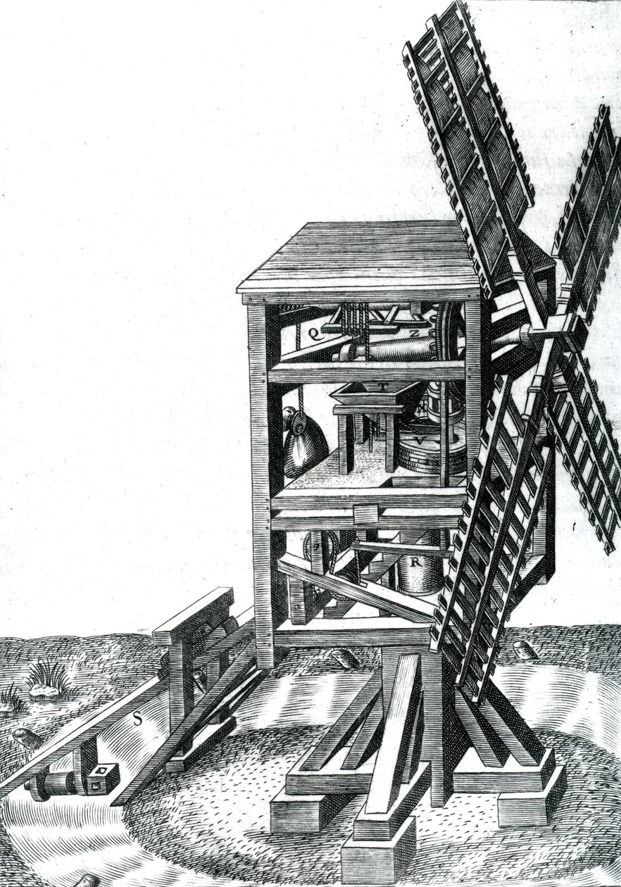 Rysunek CXXXIII, wiatrak ze sterem, z „The Diverse and Artifactitious Machines of Captain Agostino Ramelli” rytowany przez Leonarda Gaultier, opublikowany 1588 autorstwa Agostino Ramelli