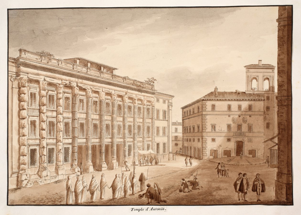 Świątynia Antoniny, 1833 (akwaforta z brązową lawiną) autorstwa Agostino Tofanelli