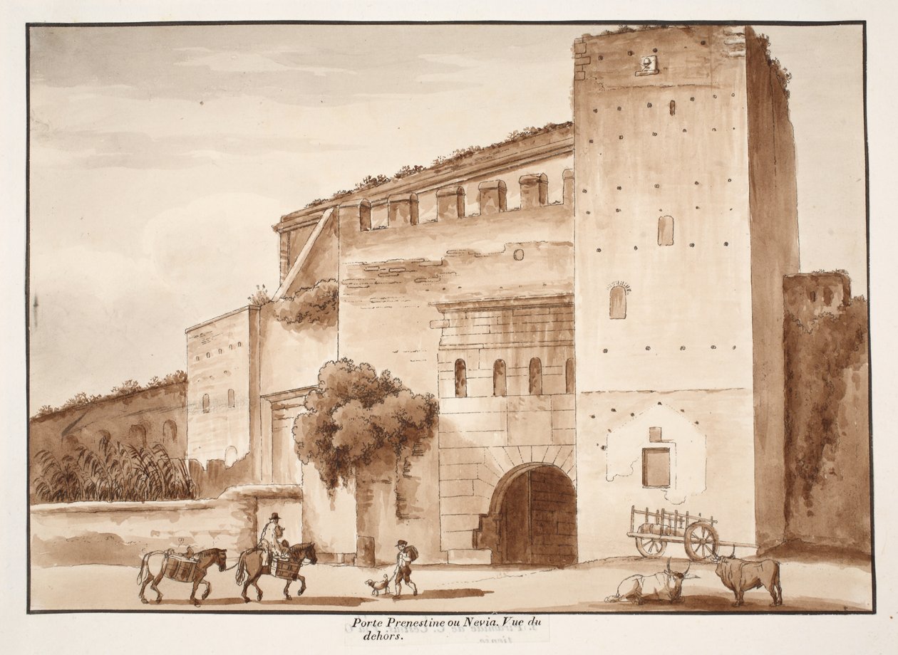 Widok z zewnątrz Porta Prenestina lub Nevia, 1833 (akwaforta z brązową farbą) autorstwa Agostino Tofanelli