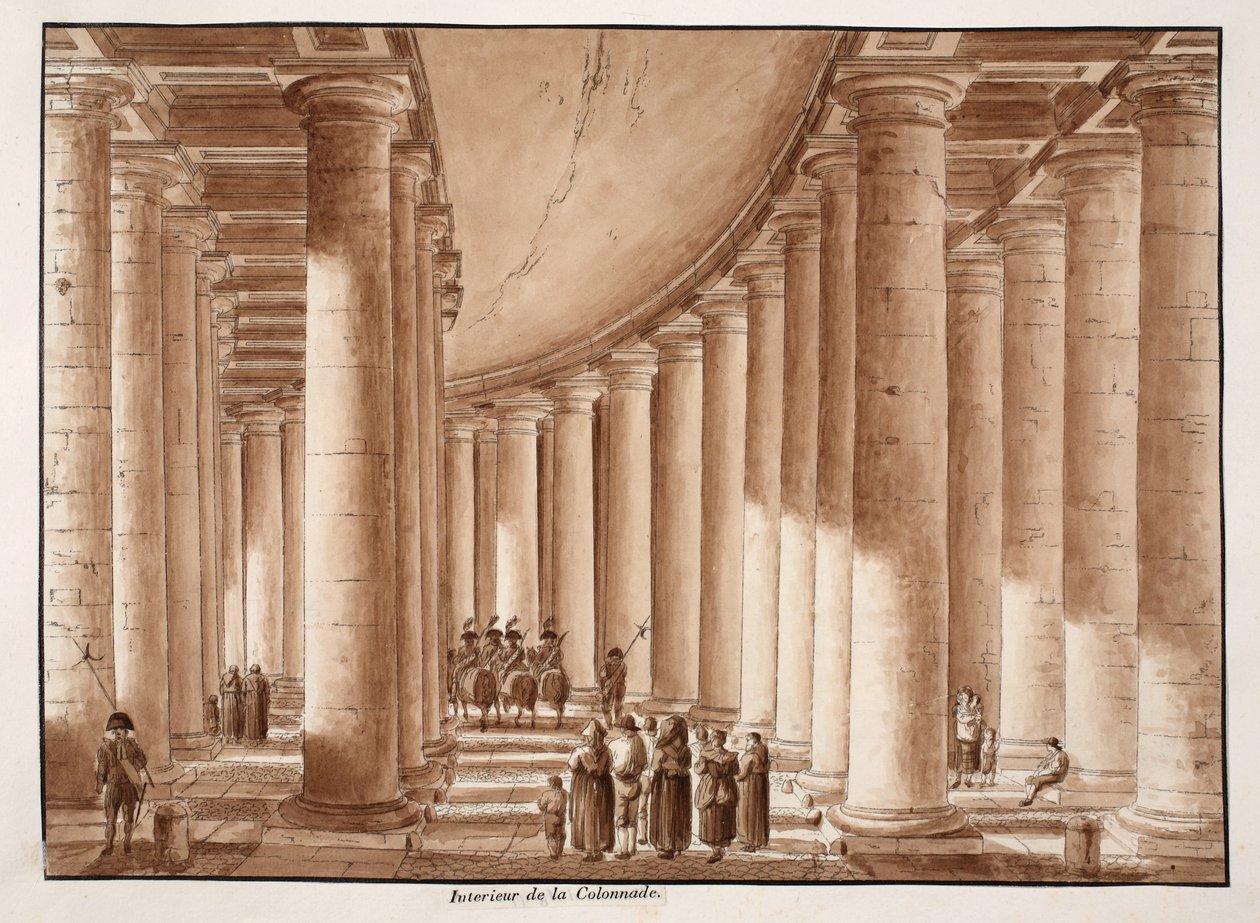 Wnętrze Kolumnady Placu św. Piotra, 1833 (akwaforta z brązową lawiną) autorstwa Agostino Tofanelli