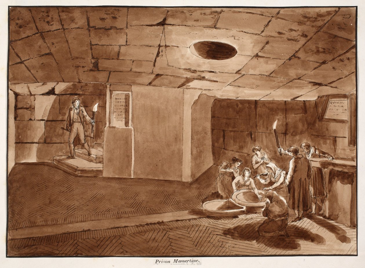 Więzienie Mamertyńskie, 1833 (akwaforta z brązowym washem) autorstwa Agostino Tofanelli