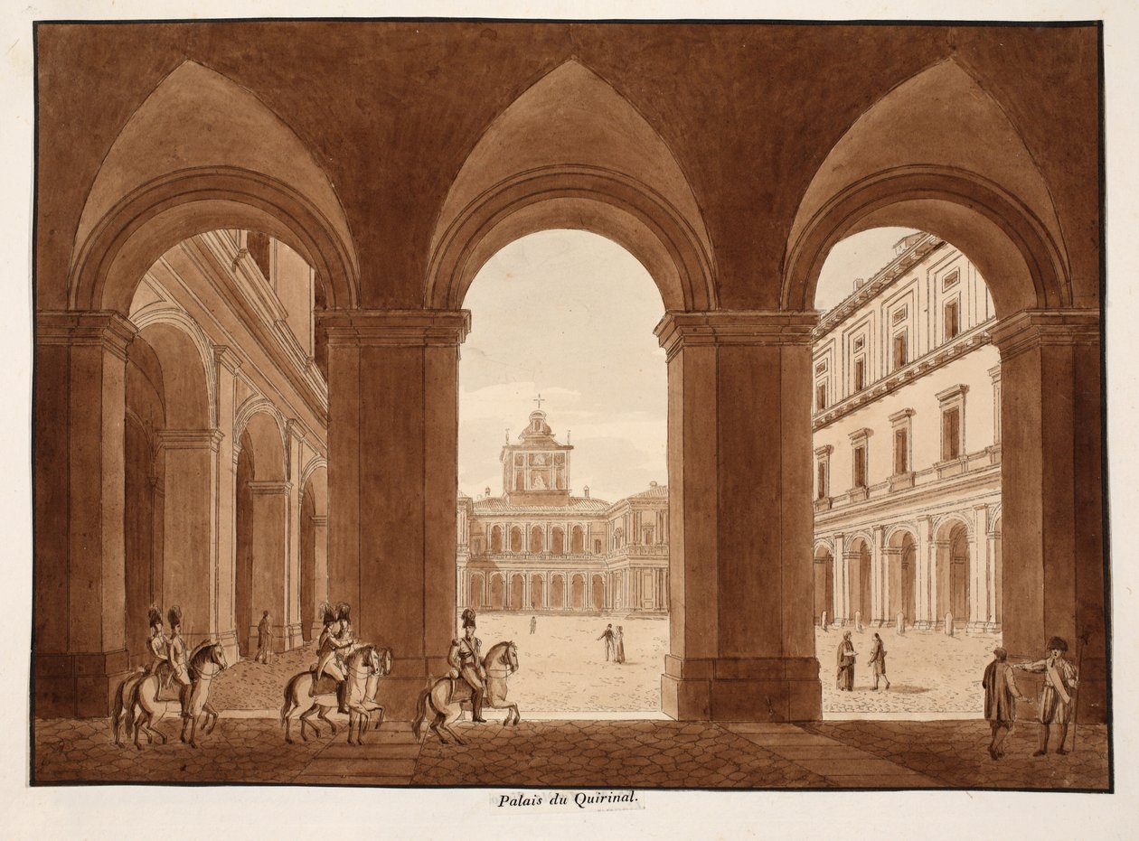 Palazzo del Quirinale, 1833 (akwaforta z brązowym washem) autorstwa Agostino Tofanelli