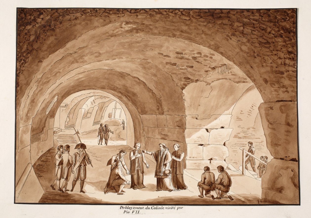 Pius VII wizytuje prace w Koloseum, 1833 (akwaforta z brązową lawiną) autorstwa Agostino Tofanelli