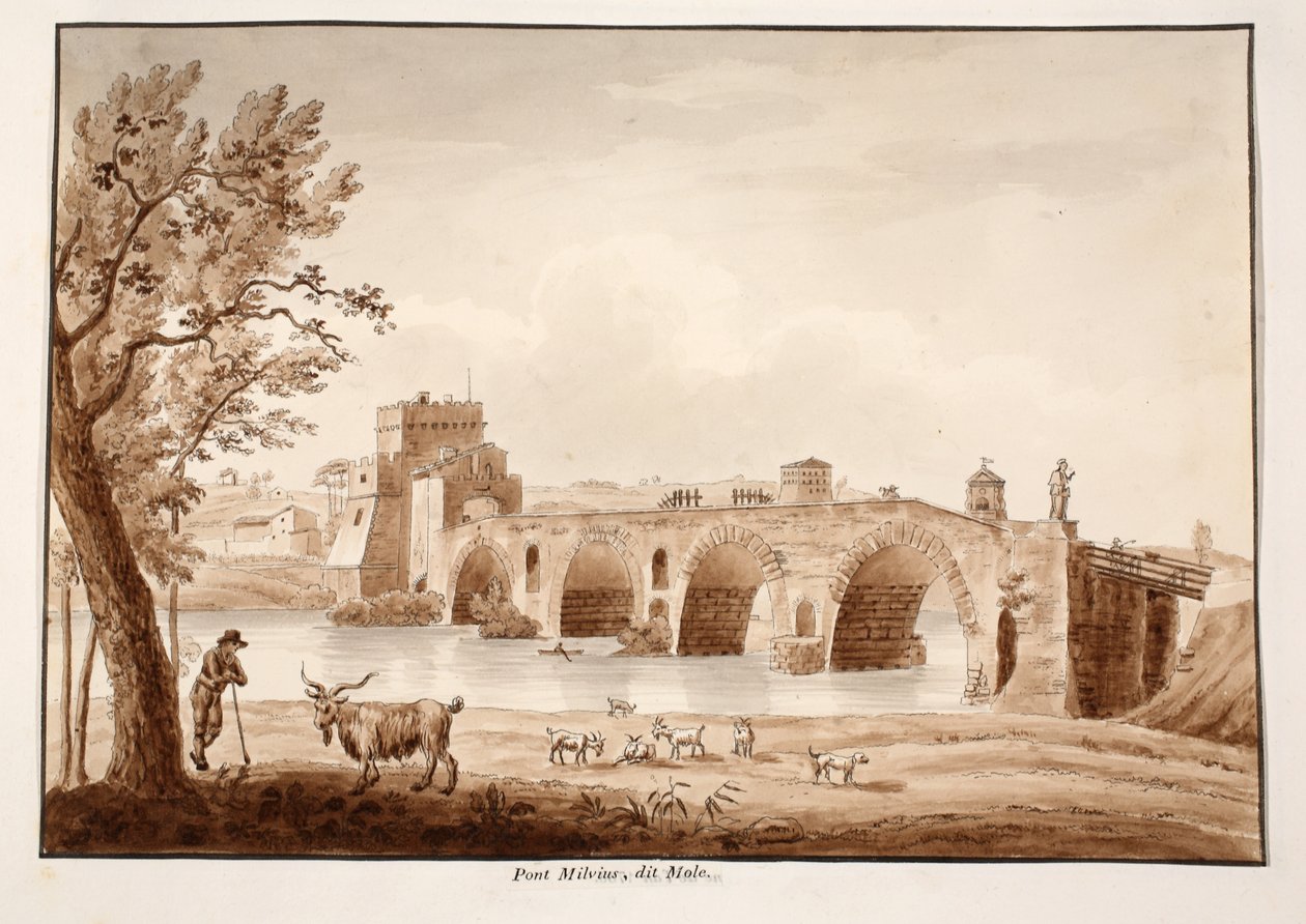 Ponte Milvio lub Ponte Molle, 1833 (trawienie z brązowym wash) autorstwa Agostino Tofanelli