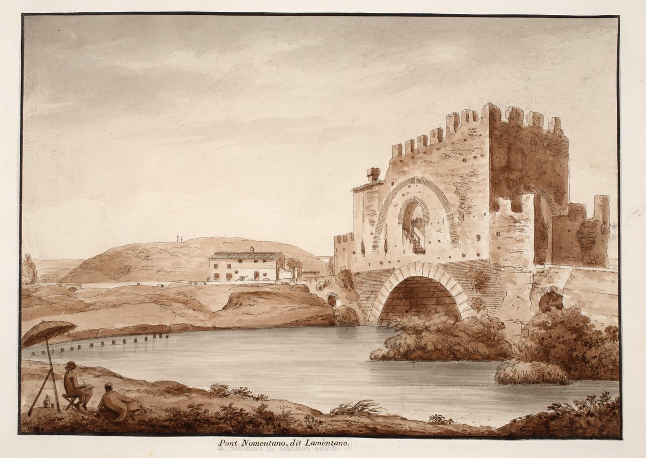 Ponte Nomentano lub Lamentano, 1833 (trawienie z brązowym washem) autorstwa Agostino Tofanelli