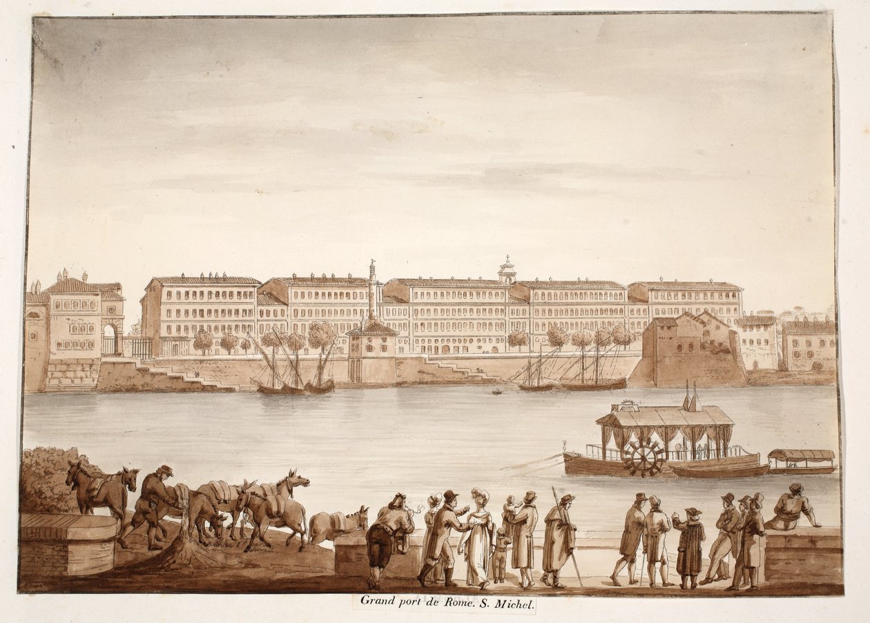 Port Ripa Grande i Ospizio di S. Michele, 1833 (trawienie z brązowym washem) autorstwa Agostino Tofanelli