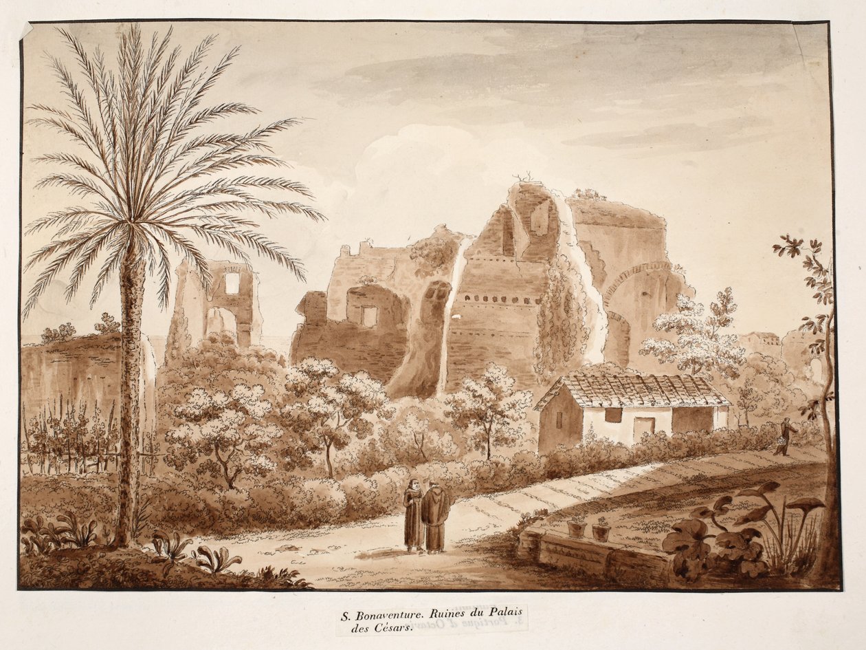San Bonaventura i ruiny Pałacu Cezarów, 1833 (akwaforta z brązową farbą) autorstwa Agostino Tofanelli