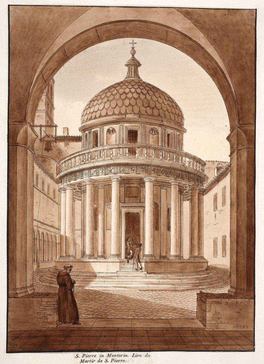 San Pietro in Montorio, miejsce męczeńskiej śmierci św. Piotra, 1833 (akwaforta z brązową farbą) autorstwa Agostino Tofanelli