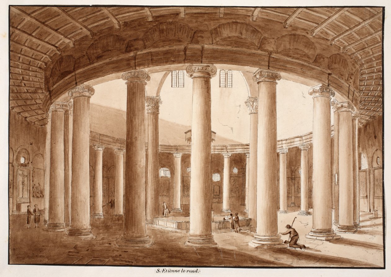 Santo Stefano Rotondo, 1833 (akwaforta z brązowym washem) autorstwa Agostino Tofanelli
