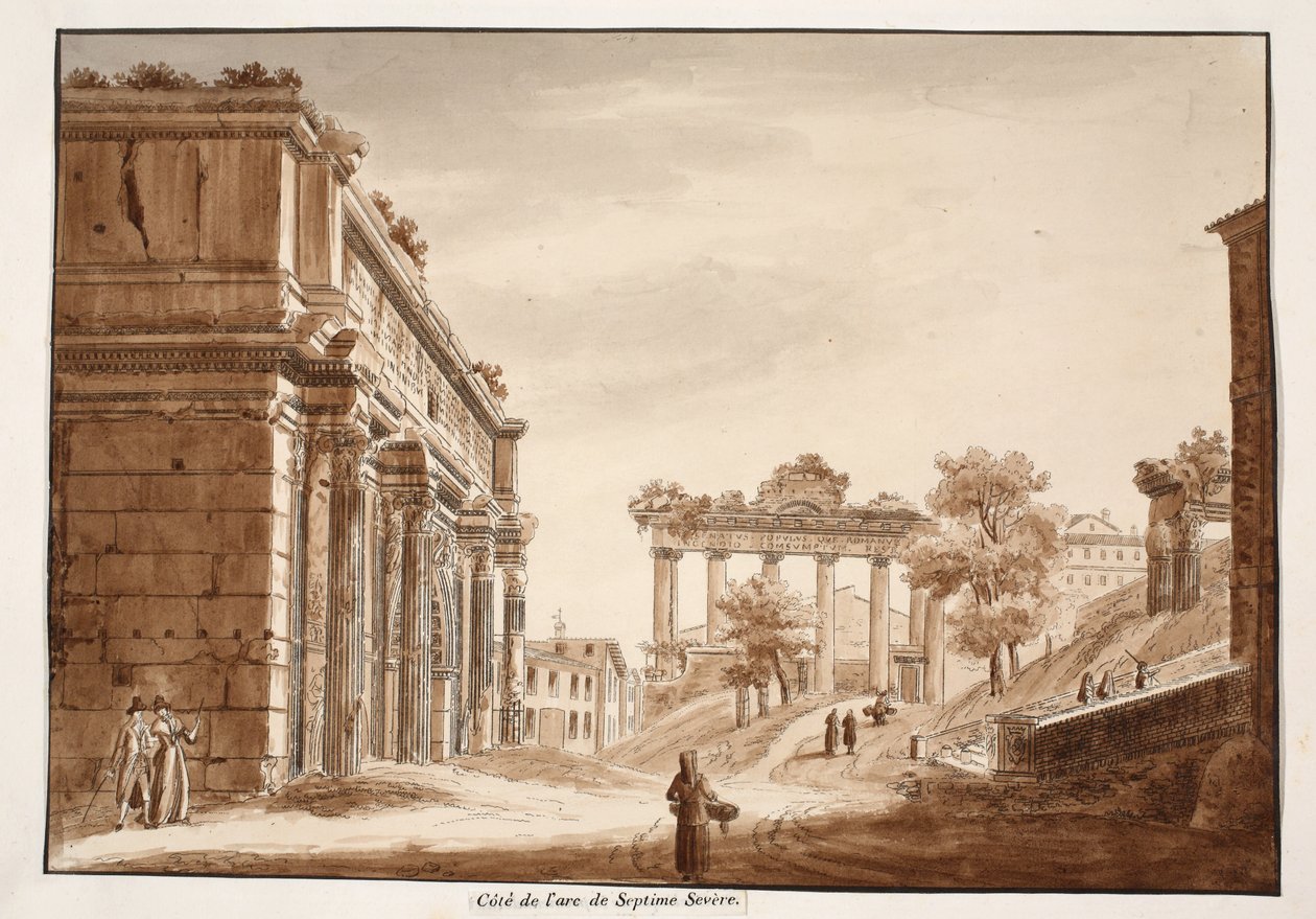 Widok z boku łuku Septymiusza Sewera, 1833 (akwaforta z brązową lawiną) autorstwa Agostino Tofanelli