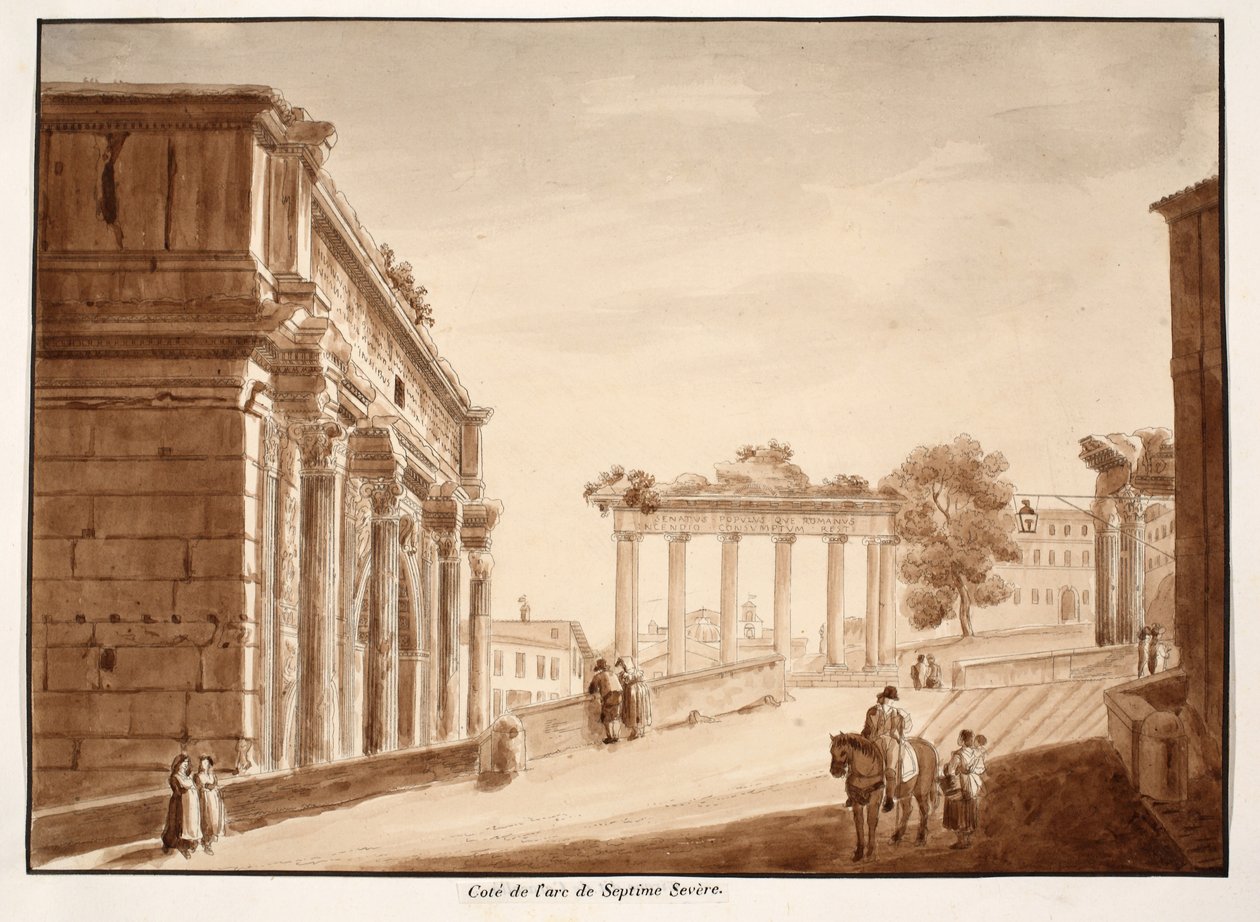 Widok z boku łuku Septymiusza Sewera, 1833 (akwaforta z brązową lawiną) autorstwa Agostino Tofanelli