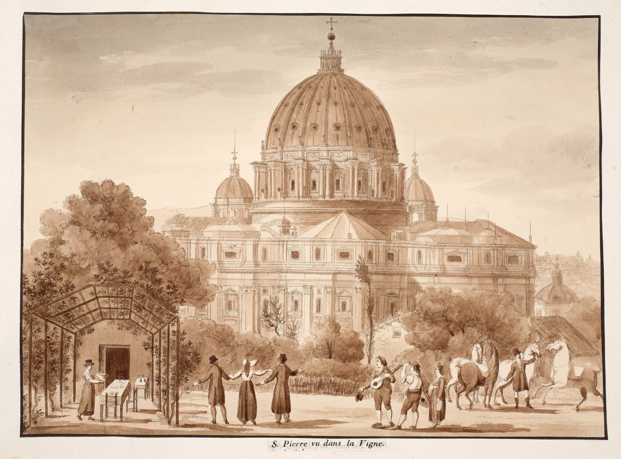 Św. Piotr widziany z winnicy, 1833 (akwaforta z brązową lawiną) autorstwa Agostino Tofanelli