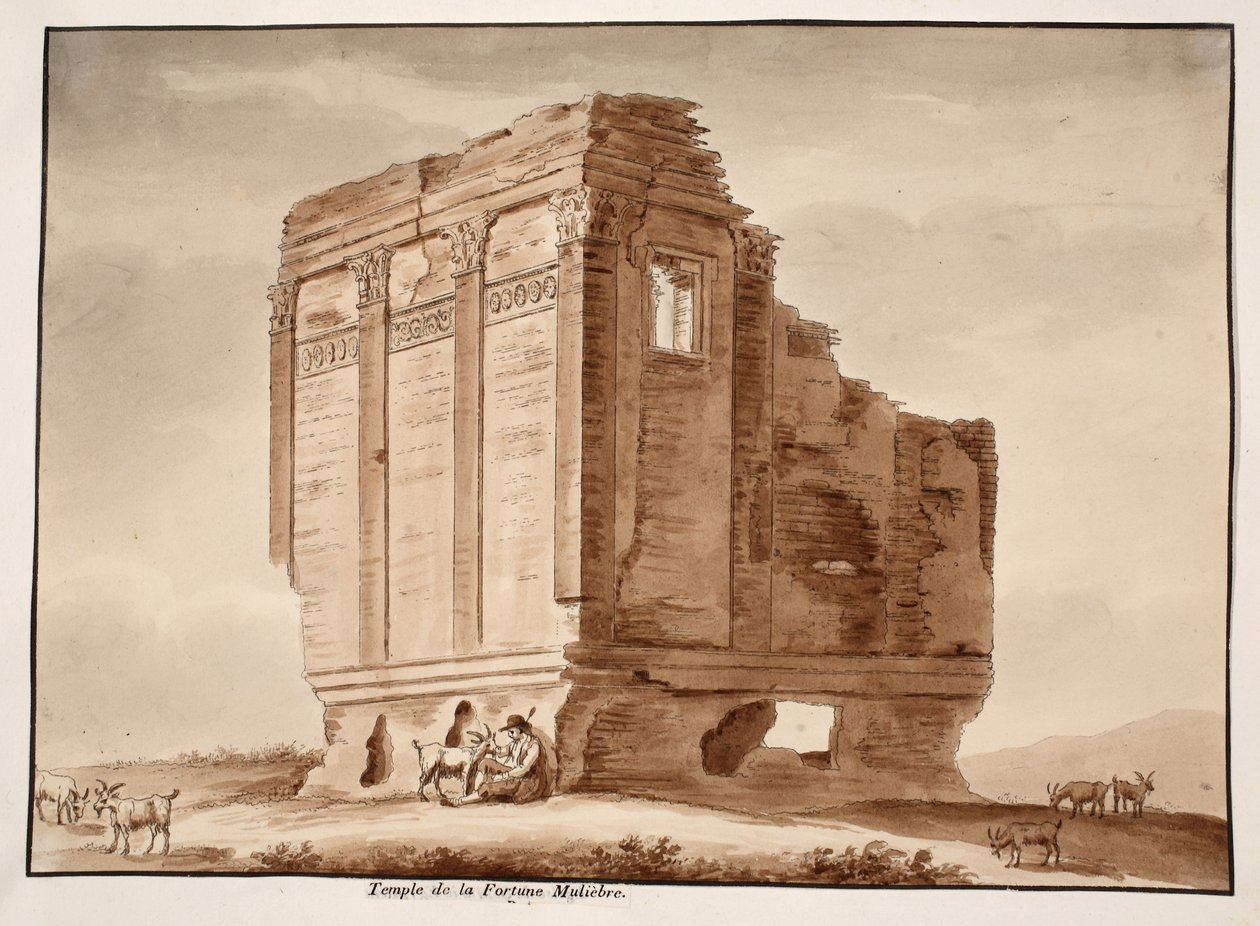 Świątynia Fortuny Muliebre, 1833 (akwaforta z brązową lawiną) autorstwa Agostino Tofanelli