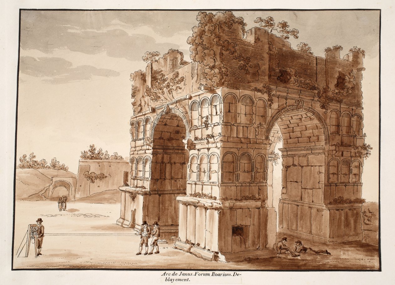 Łuk Janusa: Wykopaliska Forum Boarium, 1833 (akwaforta z brązową lawiną) autorstwa Agostino Tofanelli