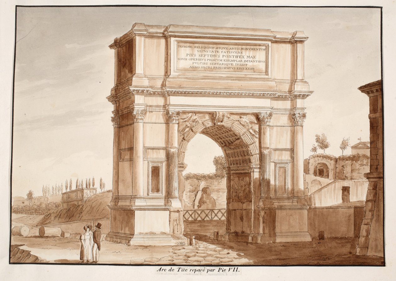 Łuk Tytusa, odrestaurowany przez Piusa VII, 1833 (akwaforta z brązową lawiną) autorstwa Agostino Tofanelli