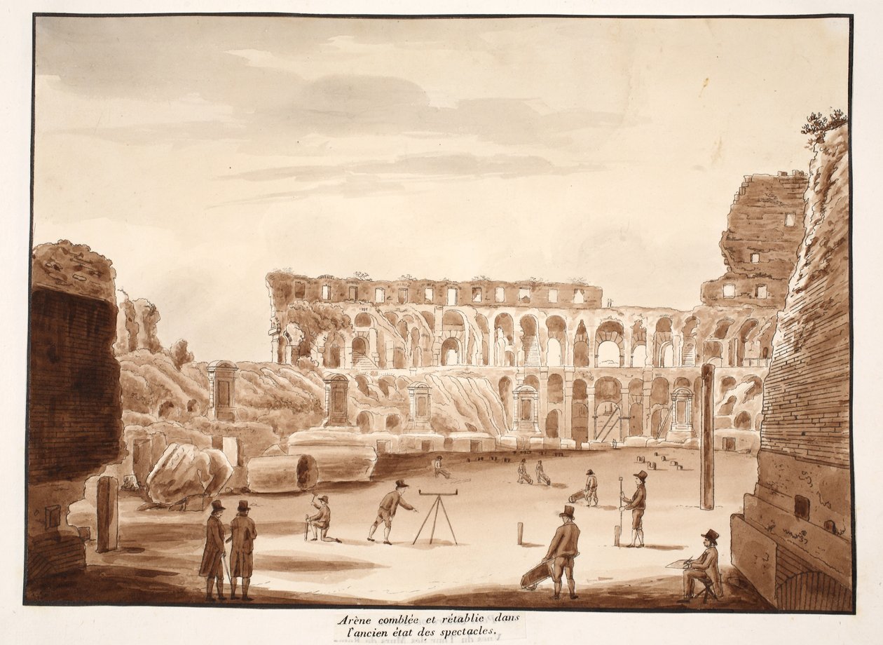 Arena Koloseum wypełniona i przywrócona do stanu poprzedniego, 1833 (trawiona z brązową lawiną) autorstwa Agostino Tofanelli