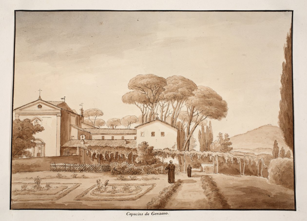 Klasztor Kapucynów w Genzano, 1833 (akwaforta z brązową farbą) autorstwa Agostino Tofanelli