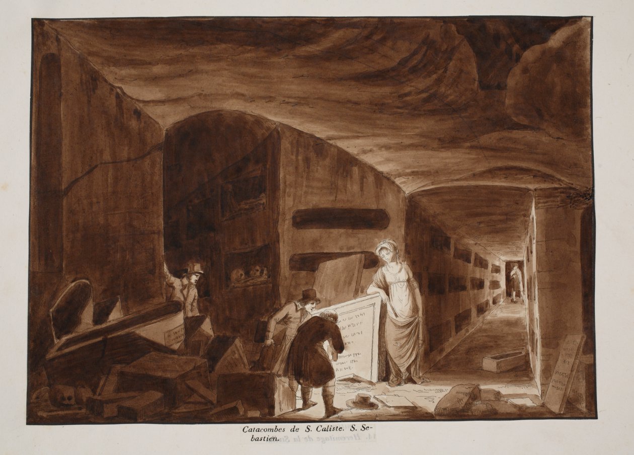 Katakumby św. Kaliksta, 1833 (akwaforta z brązową lawiną) autorstwa Agostino Tofanelli