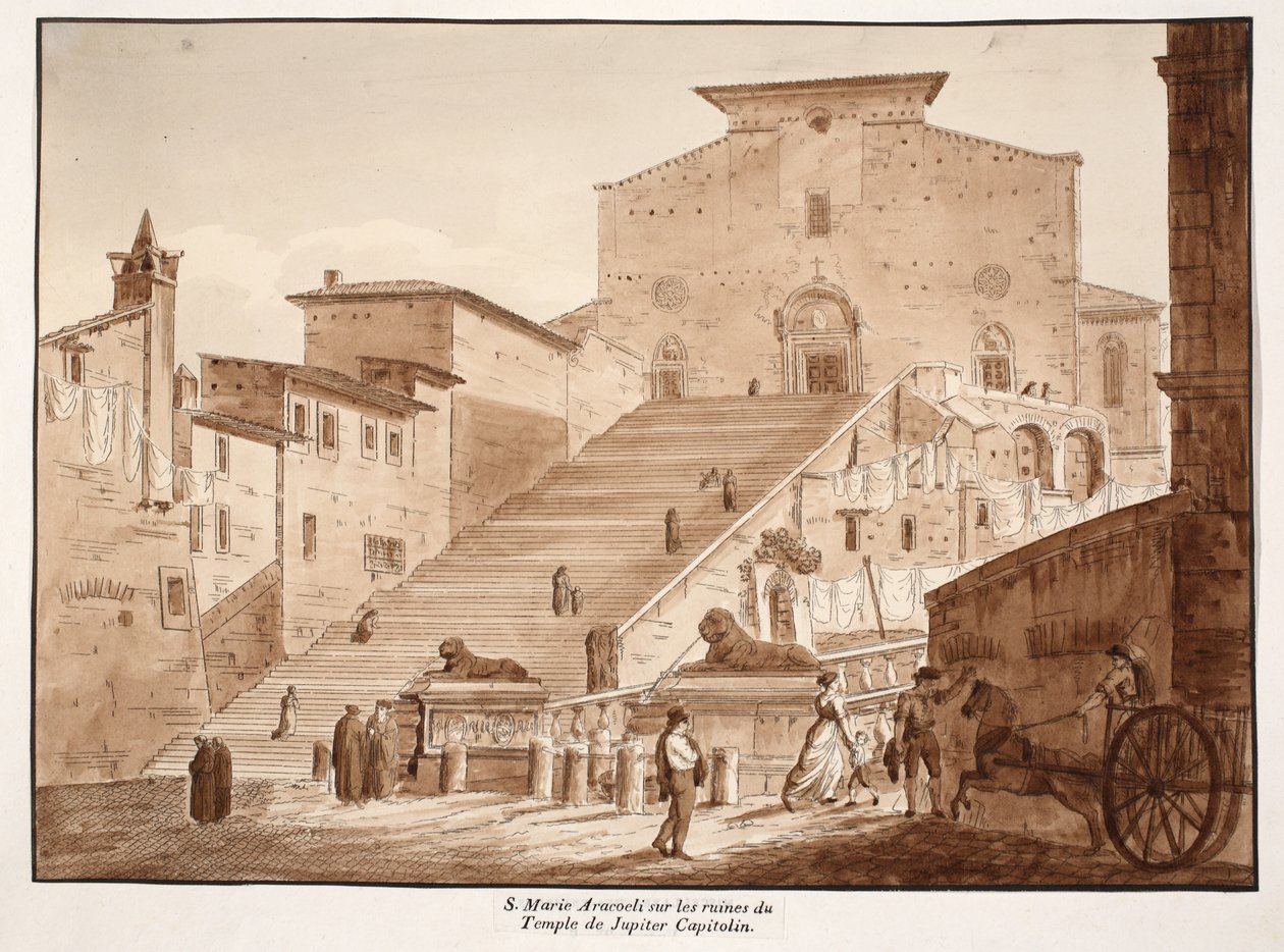 Kościół Santa Maria in Aracoeli na ruinach Kapitolińskiej Świątyni Jowisza, 1833 (akwaforta z brązową lawiną) autorstwa Agostino Tofanelli