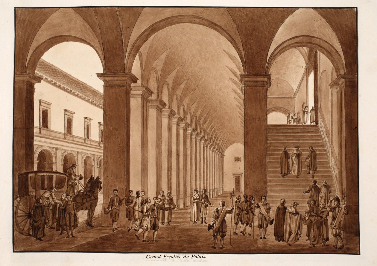 Główne schody w Palazzo del Quirinale, 1833 (akwaforta z brązową farbą) autorstwa Agostino Tofanelli