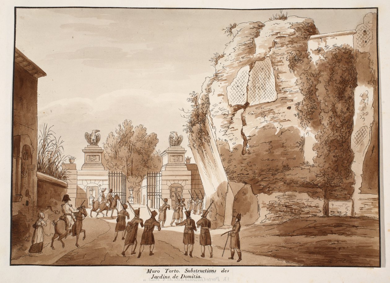 Muro Torto i fundamenty Ogrodów Domicjana, 1833 (akwaforta z brązową lawiną) autorstwa Agostino Tofanelli
