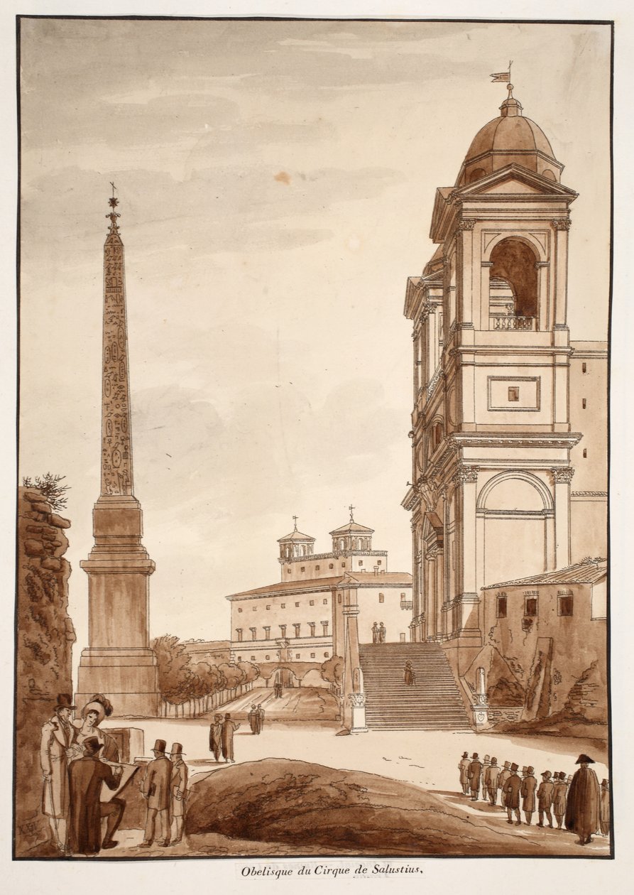 Obelisk z Cyrku Salustiusa, 1833 (akwaforta z brązową lawiną) autorstwa Agostino Tofanelli