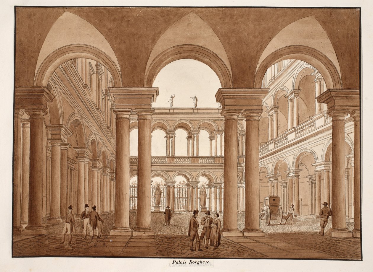 Palazzo Borghese, 1833 (akwaforta z brązową lawiną) autorstwa Agostino Tofanelli