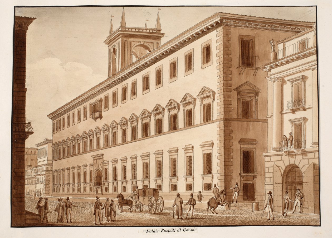 Palazzo Ruspoli al Corso, 1833 (akwaforta z brązową lawiną) autorstwa Agostino Tofanelli