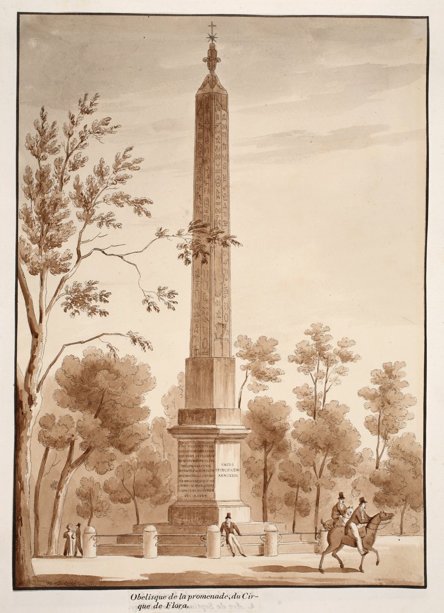Obelisk Passeggiata, z Cyrku Flory, 1833 (akwaforta z brązową lawiną) autorstwa Agostino Tofanelli