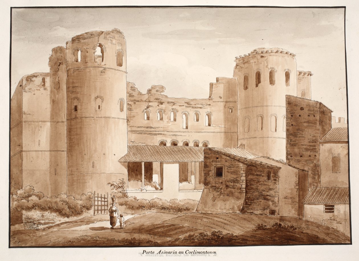 Porta Asinaria lub Coelimontana, 1833 (akwaforta z brązową farbą) autorstwa Agostino Tofanelli