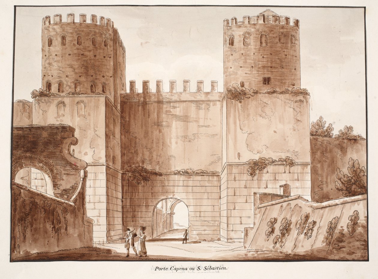 Porta Capena lub Porta San Sebastiano, 1833 (trawienie z brązowym washem) autorstwa Agostino Tofanelli